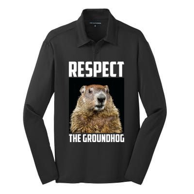 Respect The Groundhog Woodchuck Photo Ground Hog Day Silk Touch Performance Long Sleeve Polo