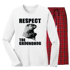 Respect The Groundhog Woodchuck Groundhog Day Women's Long Sleeve Flannel Pajama Set 