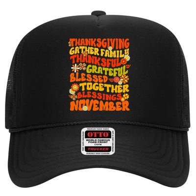 Retro Thankful Grateful Blessed Thanksgiving Fall Family High Crown Mesh Back Trucker Hat