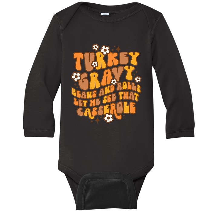 Retro Turkey Gravy Beans And Rolls Let Me See That Casserole Baby Long Sleeve Bodysuit