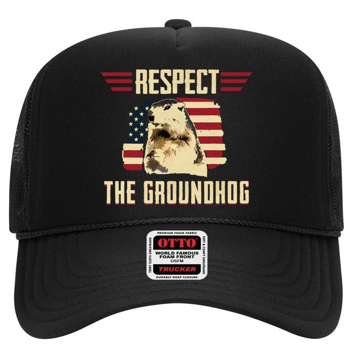 Respect The Groundhog Woodchuck Photo Groundhog Day High Crown Mesh Back Trucker Hat