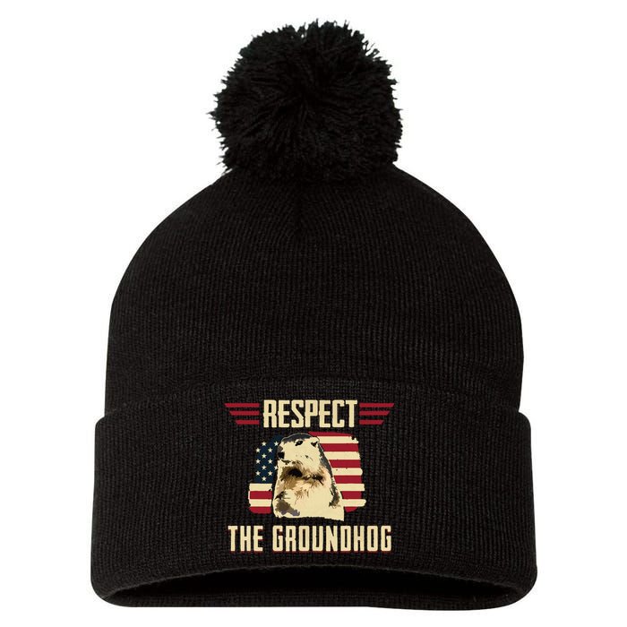 Respect The Groundhog Woodchuck Photo Groundhog Day Pom Pom 12in Knit Beanie