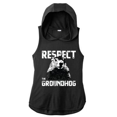 Respect The Groundhog Funny Woodchuck Ladies PosiCharge Tri-Blend Wicking Draft Hoodie Tank