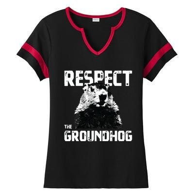 Respect The Groundhog Funny Woodchuck Ladies Halftime Notch Neck Tee