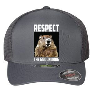 Respect The Groundhog Woodchuck Photo Groundhog Day Flexfit Unipanel Trucker Cap