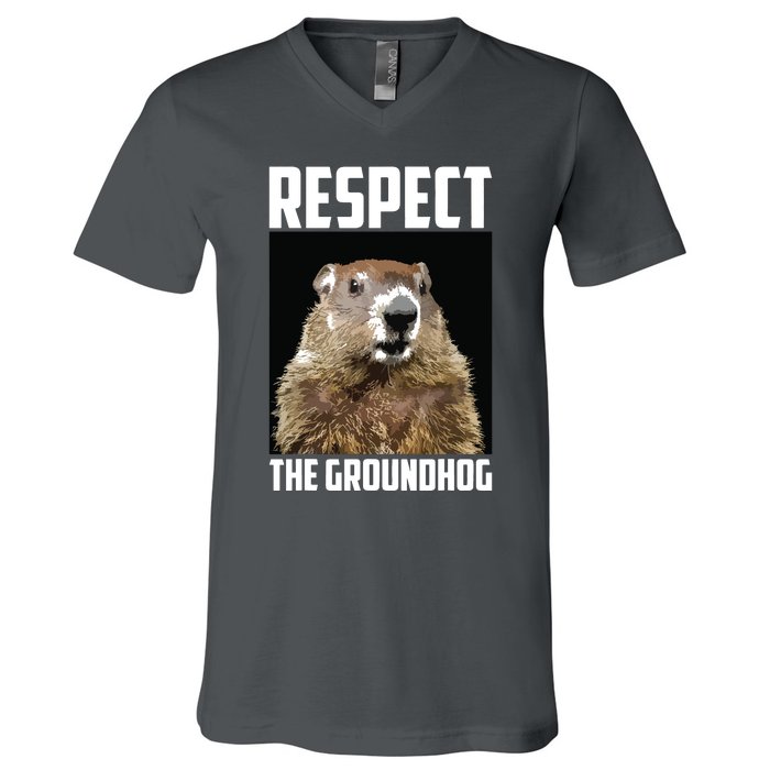 Respect The Groundhog Woodchuck Photo Groundhog Day V-Neck T-Shirt