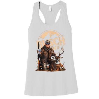 Retro Trump Hunting Deer Funny Beer Drinking Beer Hunting Women's Racerback Tank