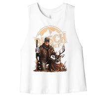 Retro Trump Hunting Deer Funny Beer Drinking Beer Hunting Women's Racerback Cropped Tank