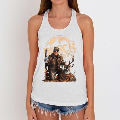 Retro Trump Hunting Deer Funny Beer Drinking Beer Hunting Women's Knotted Racerback Tank