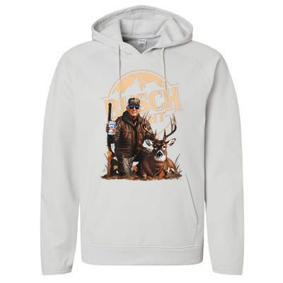 Retro Trump Hunting Deer Funny Drinking Beer Hunting On Back Performance Fleece Hoodie