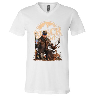 Retro Trump Hunting Deer Funny Drinking Beer Hunting On Back V-Neck T-Shirt