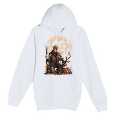 Retro Trump Hunting Deer Funny Drinking Beer Hunting On Back Premium Pullover Hoodie