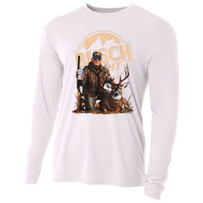 Retro Trump Hunting Deer Funny Drinking Beer Hunting On Back Cooling Performance Long Sleeve Crew