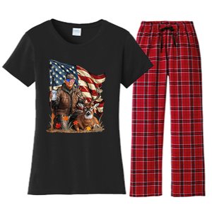 Retro Trump Hunting Deer Funny Beer Drinking Beer Hunting Gift Women's Flannel Pajama Set