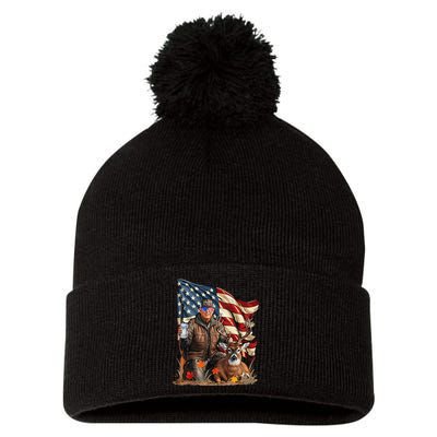 Retro Trump Hunting Deer Funny Beer Drinking Beer Hunting Gift Pom Pom 12in Knit Beanie