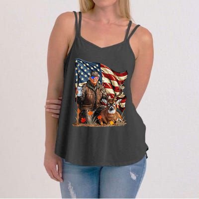 Retro Trump Hunting Deer Funny Beer Drinking Beer Hunting Gift Women's Strappy Tank