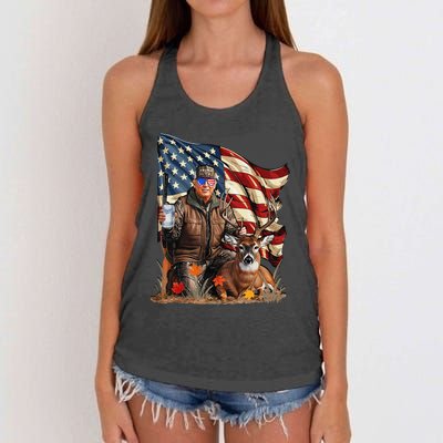 Retro Trump Hunting Deer Funny Beer Drinking Beer Hunting Gift Women's Knotted Racerback Tank