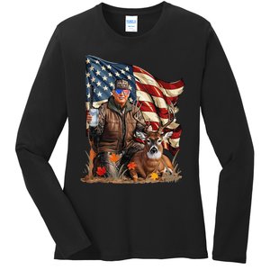 Retro Trump Hunting Deer Funny Beer Drinking Beer Hunting Gift Ladies Long Sleeve Shirt