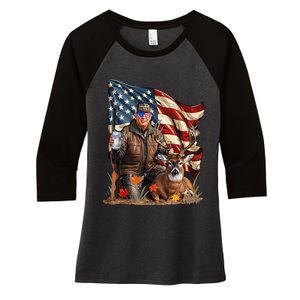 Retro Trump Hunting Deer Funny Beer Drinking Beer Hunting Gift Women's Tri-Blend 3/4-Sleeve Raglan Shirt