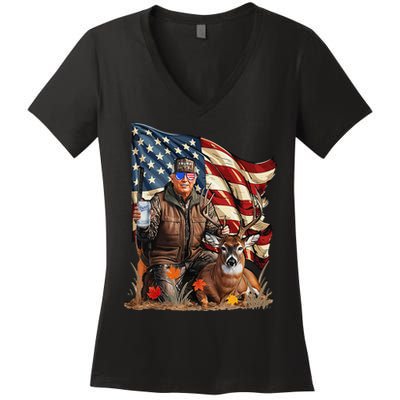 Retro Trump Hunting Deer Funny Beer Drinking Beer Hunting Gift Women's V-Neck T-Shirt