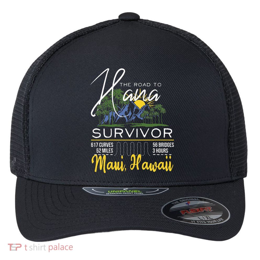 Road To Hana Survivor Curvy Palm Maui Hawaii Lover Flexfit Unipanel Trucker Cap