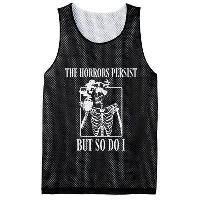 Retro The Horrors Persist But So Do I Humor Skeleton Coffee Mesh Reversible Basketball Jersey Tank