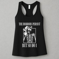 Retro The Horrors Persist But So Do I Humor Skeleton Coffee Womens Tank Top