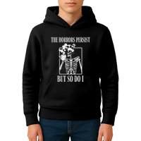 Retro The Horrors Persist But So Do I Humor Skeleton Coffee Kids Hoodie