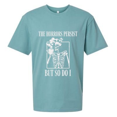 Retro The Horrors Persist But So Do I Humor Skeleton Coffee Sueded Cloud Jersey T-Shirt