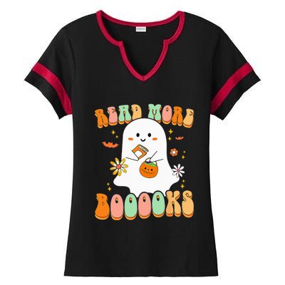 Retro Teacher Halloween Ghost Read More Books Teacher Ladies Halftime Notch Neck Tee