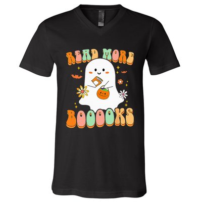 Retro Teacher Halloween Ghost Read More Books Teacher V-Neck T-Shirt