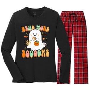 Retro Teacher Halloween Ghost Read More Books Teacher Women's Long Sleeve Flannel Pajama Set 