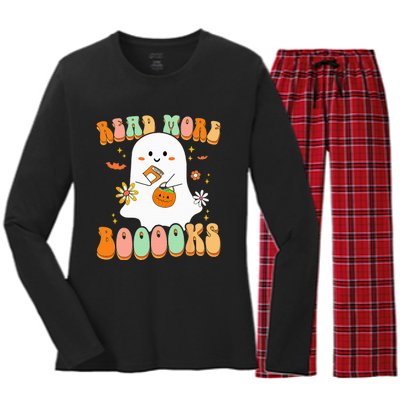 Retro Teacher Halloween Ghost Read More Books Teacher Women's Long Sleeve Flannel Pajama Set 