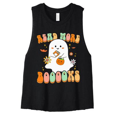 Retro Teacher Halloween Ghost Read More Books Teacher Women's Racerback Cropped Tank