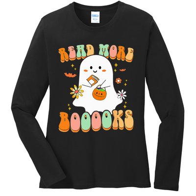 Retro Teacher Halloween Ghost Read More Books Teacher Ladies Long Sleeve Shirt