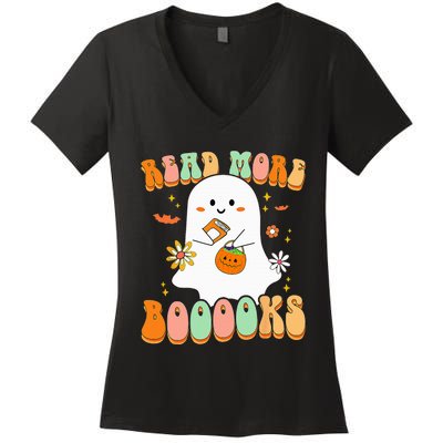 Retro Teacher Halloween Ghost Read More Books Teacher Women's V-Neck T-Shirt