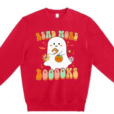 Retro Teacher Halloween Ghost Read More Books Teacher Premium Crewneck Sweatshirt