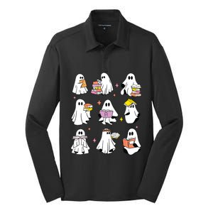 Retro Teacher Halloween Ghost Read More Books Teacher Silk Touch Performance Long Sleeve Polo