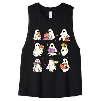 Retro Teacher Halloween Ghost Read More Books Teacher Women's Racerback Cropped Tank