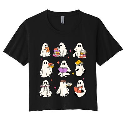 Retro Teacher Halloween Ghost Read More Books Teacher Women's Crop Top Tee