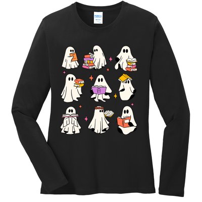 Retro Teacher Halloween Ghost Read More Books Teacher Ladies Long Sleeve Shirt