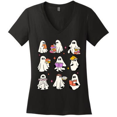 Retro Teacher Halloween Ghost Read More Books Teacher Women's V-Neck T-Shirt