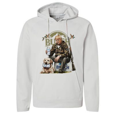 Retro Trump Hunting Deer Funny Beer Drinking Hunting On Back Performance Fleece Hoodie