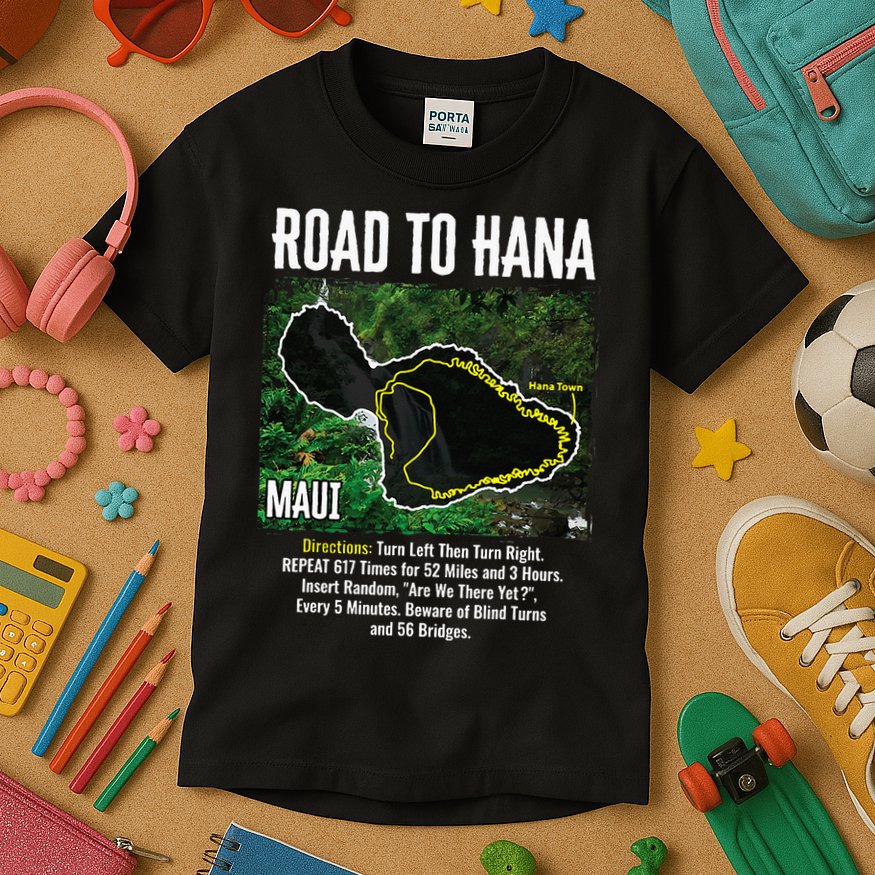 Road To Hana Map Maui Island Surfing Hawaiian Beach Summer Kids T-Shirt