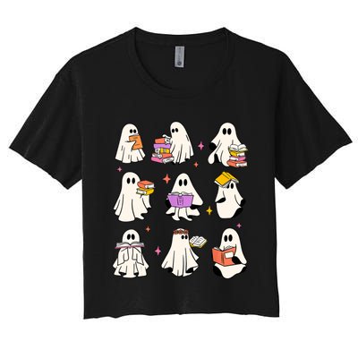 Retro Teacher Halloween Ghost Read More Books Teacher Women's Crop Top Tee