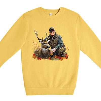 Retro Trump Hunting Deer Funny Reindeer Drinking Beer Premium Crewneck Sweatshirt