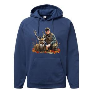 Retro Trump Hunting Deer Funny Reindeer Drinking Beer Performance Fleece Hoodie