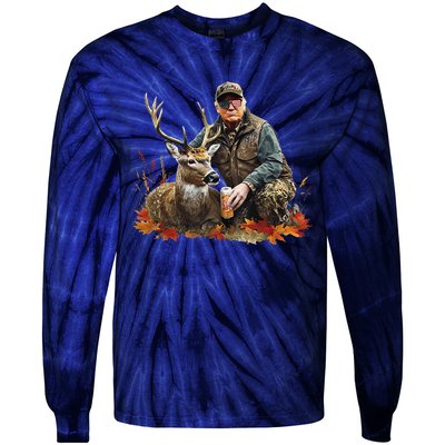 Retro Trump Hunting Deer Funny Reindeer Drinking Beer Tie-Dye Long Sleeve Shirt