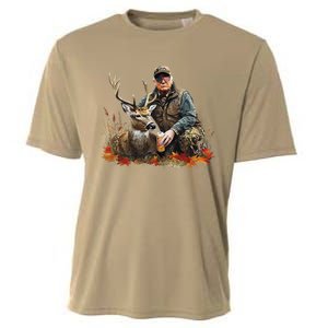 Retro Trump Hunting Deer Funny Reindeer Drinking Beer Cooling Performance Crew T-Shirt