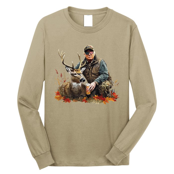 Retro Trump Hunting Deer Funny Reindeer Drinking Beer Long Sleeve Shirt